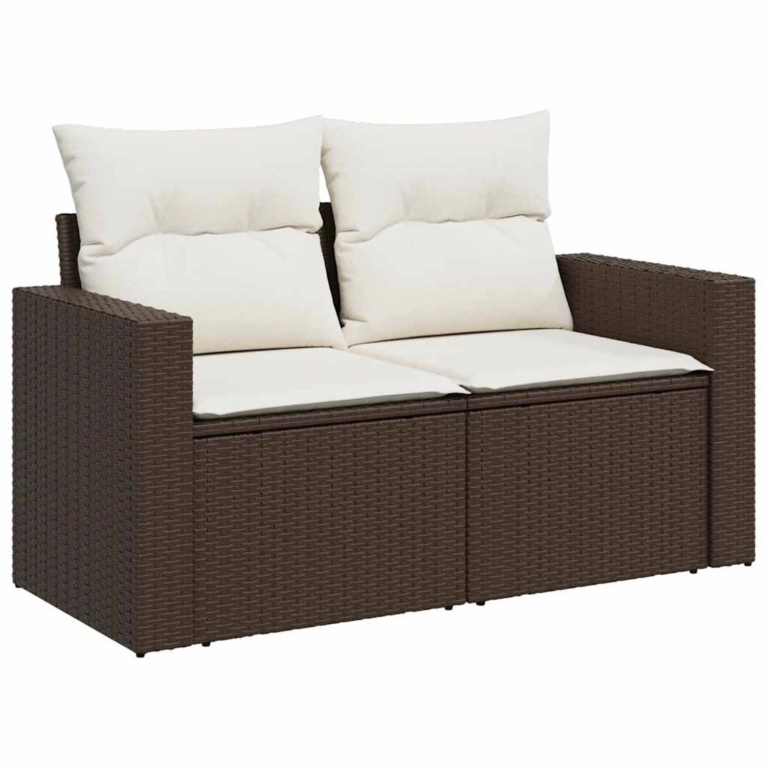 Braune 5-tlg. vidaXL Garten-Sofagarnitur aus Rattan mit cremeweißen Kissen.