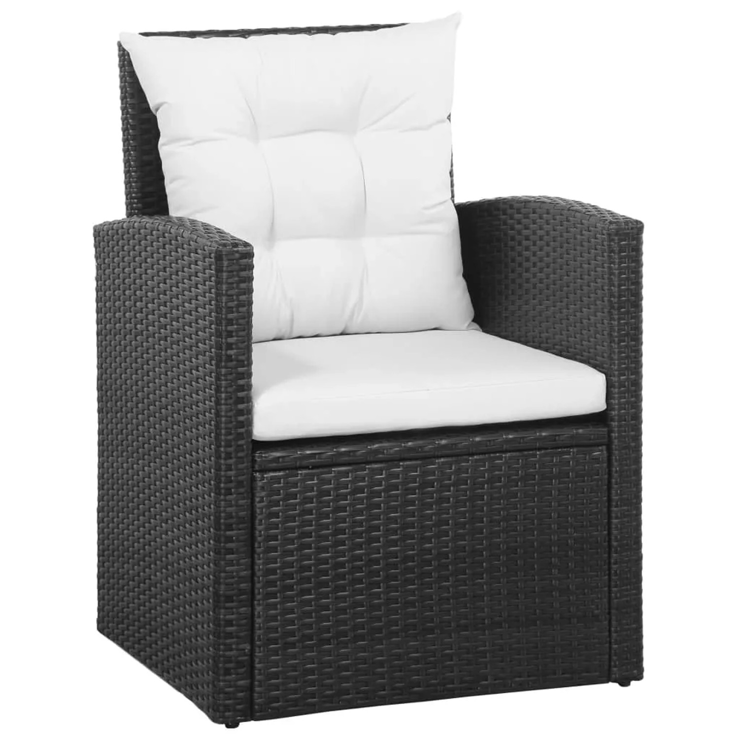 Schwarzer Rattan Sessel mit weißen Auflagen, Teil des vidaXL Garten-Lounge-Sets.