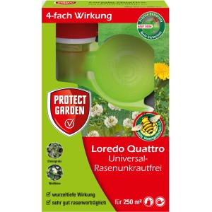 Protect Garden Loredo Quattro Rasenunkrautfrei 250ml: Flasche mit Dosierhilfe zur Unkrautbekämpfung im Rasen.
