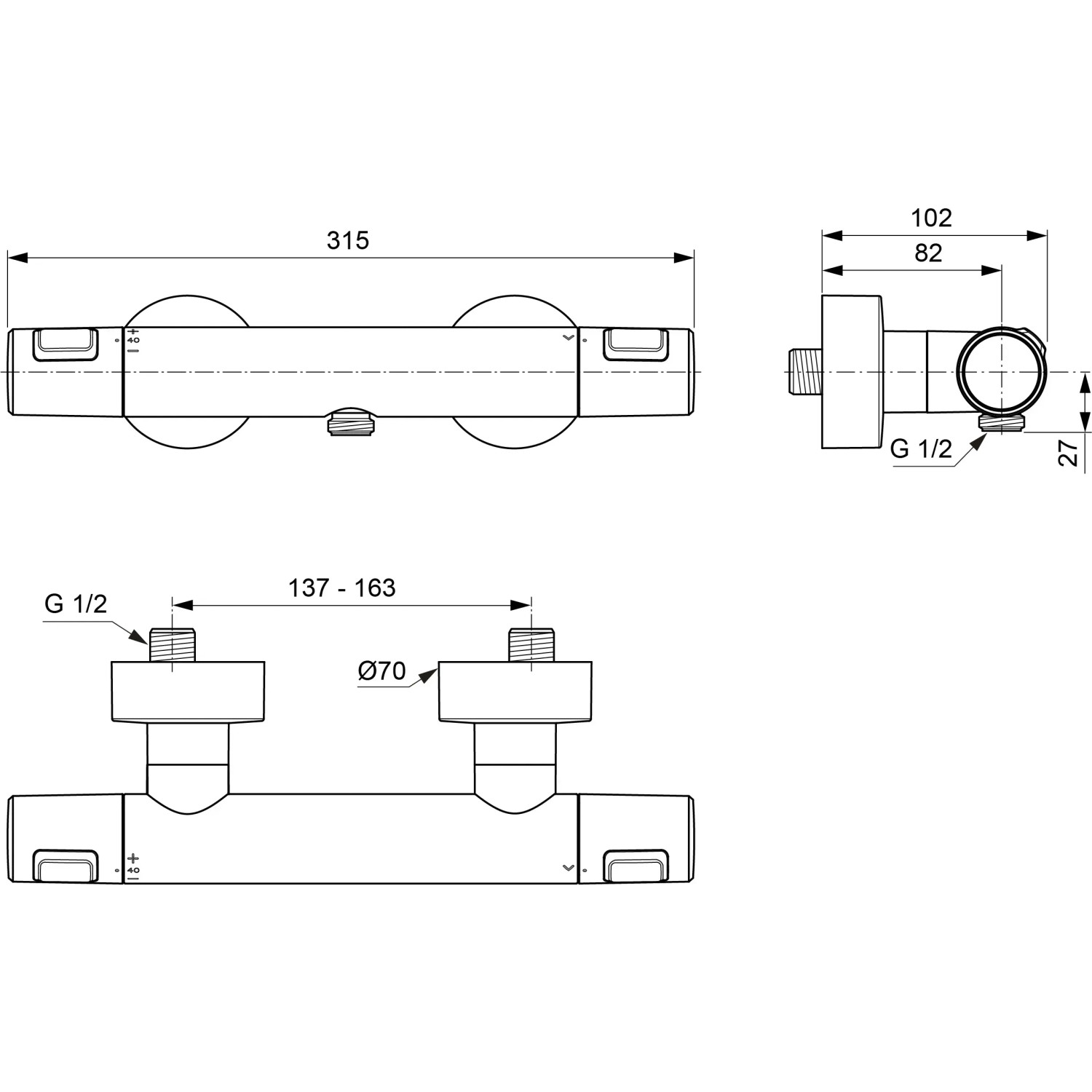 Technische Zeichnung: Ideal Standard Ceratherm T25 Brausethermostat Aufputz in Schwarz mit Maßen.