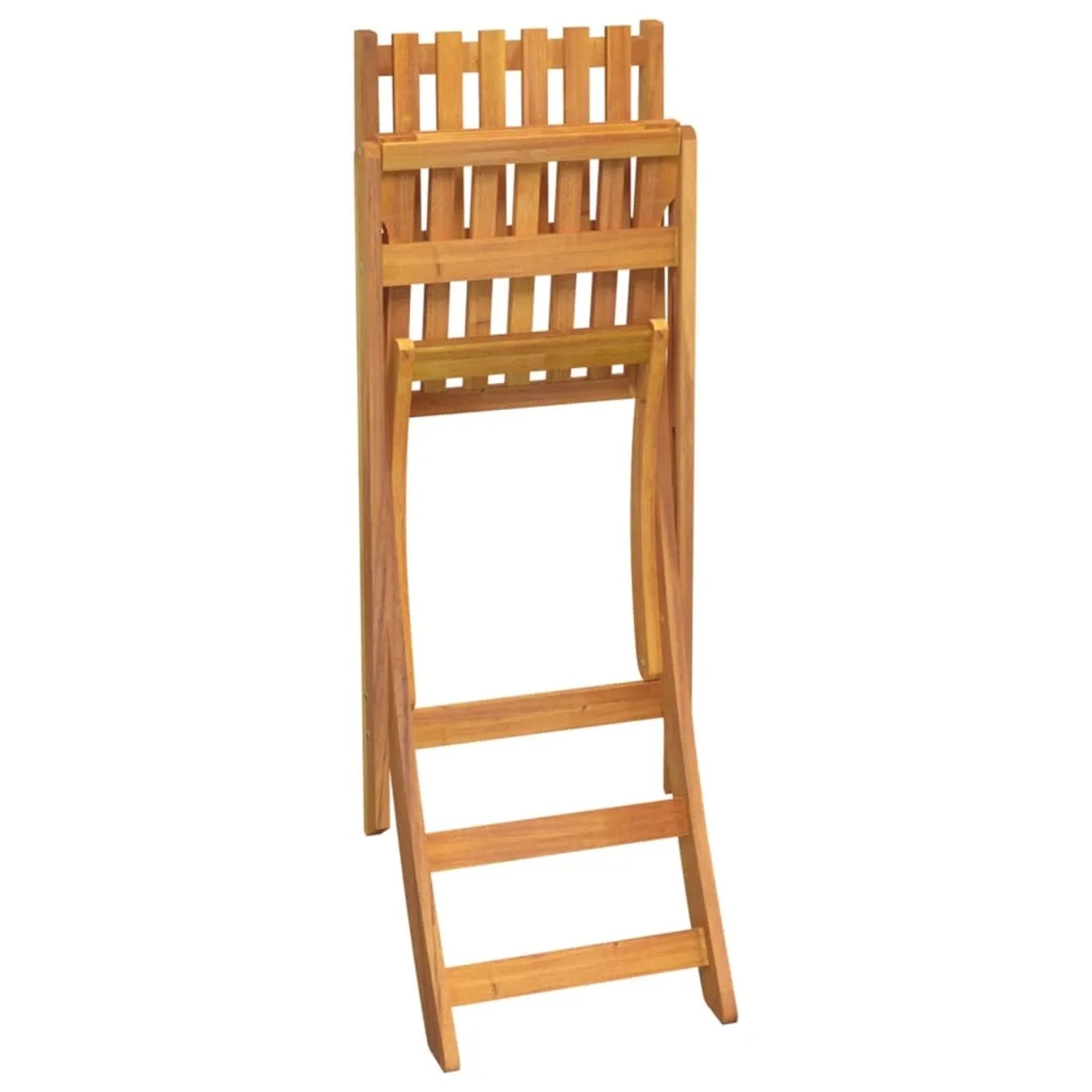 Zusammengeklappter Garten-Barhocker aus Akazienholz, 2er Set. Praktisch und platzsparend für Balkon und Terrasse.