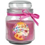 Duftkerze "Happy Birthday" im Glas mit Lavendel-Cupcake-Motiv und rosa Schleife.