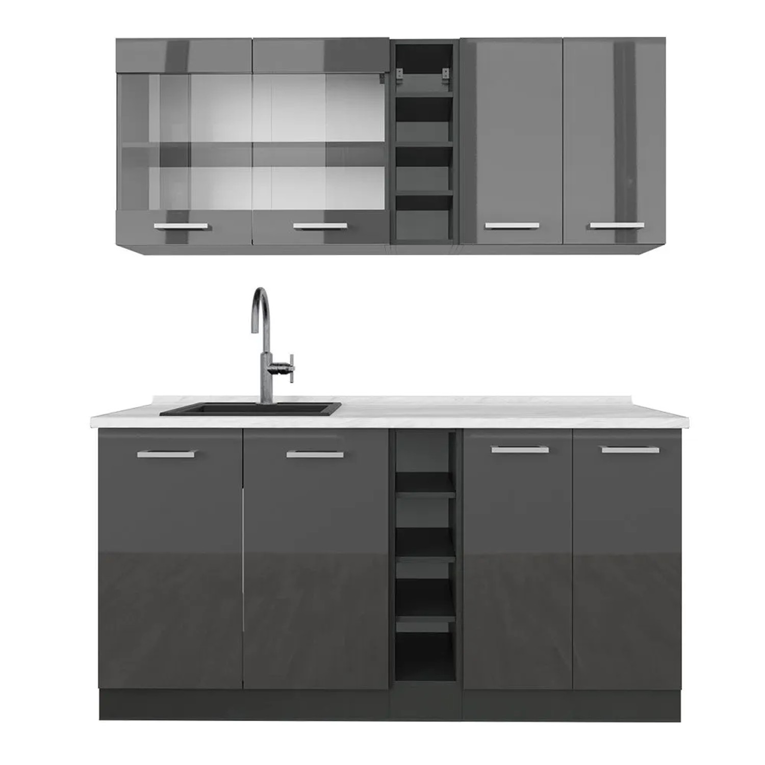 Vicco R-Line Singleküche Anthrazit Hochglanz Anthrazit 160 cm AP Marmor ohne E-Geräte