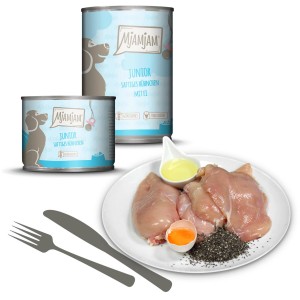 MjAMjAM Junior Hühnchen mit Ei, Katzen-Nassfutter mit Hühnchen, Ei, Chiasamen und zwei Dosen.