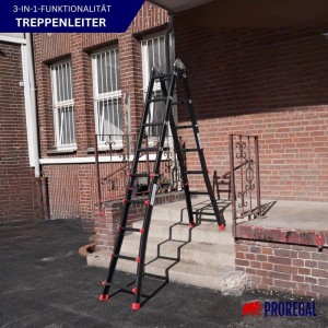PROREGAL 3-in-1 Mehrzweckleiter APOLLO als Treppenleiter, Aluminium, schwarz, bis 5 m Höhe.