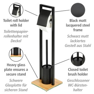 WENKO WC-Garnitur Bambusa mit WC-Bürste und Rollenhalter, Stahl/Bambus/Glas, schwarz/braun