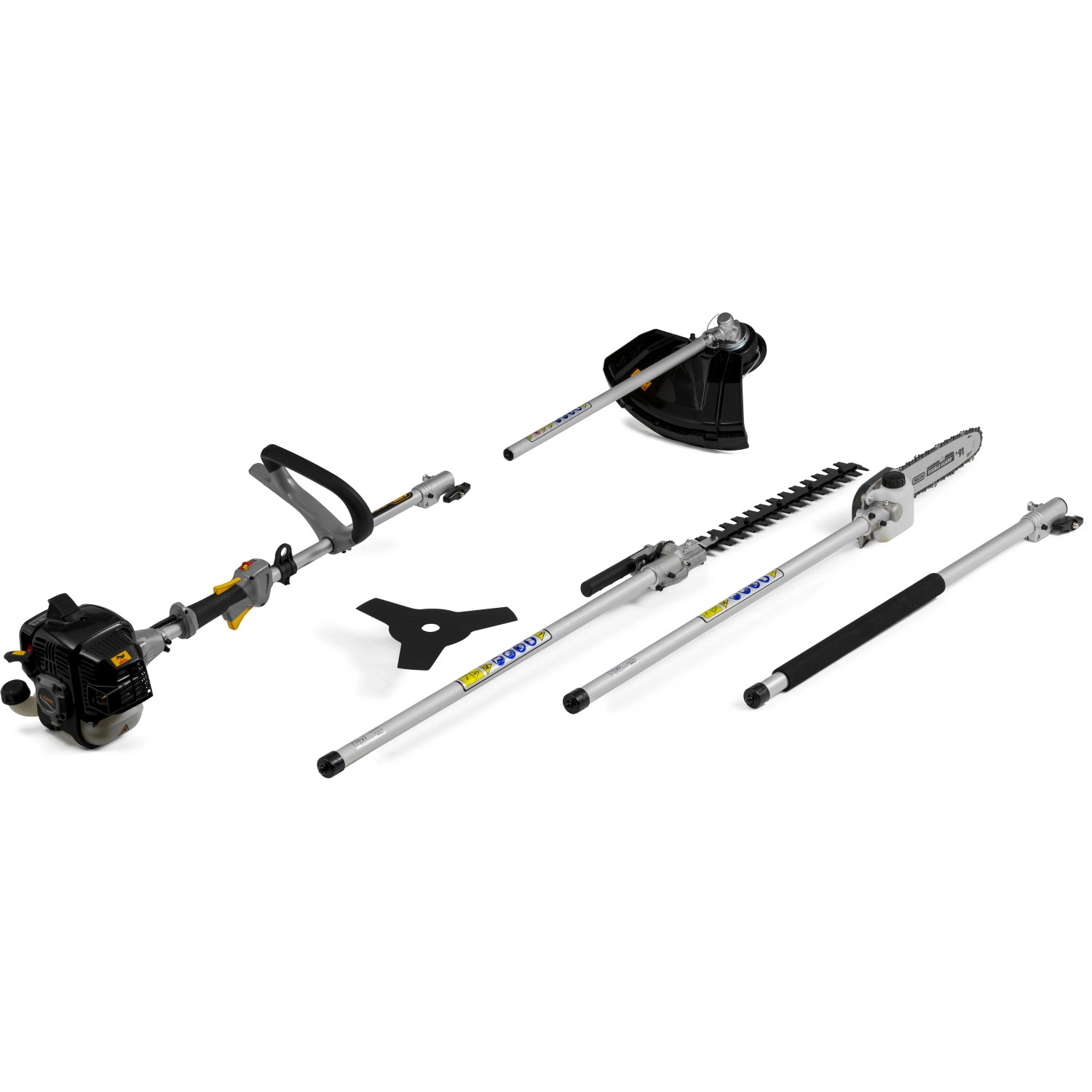 Alpina Benzin-Multi-Tool AMT 26 5 in 1 mit Heckenscheren-, Hochentaster- und Motorsensen-Aufsatz.