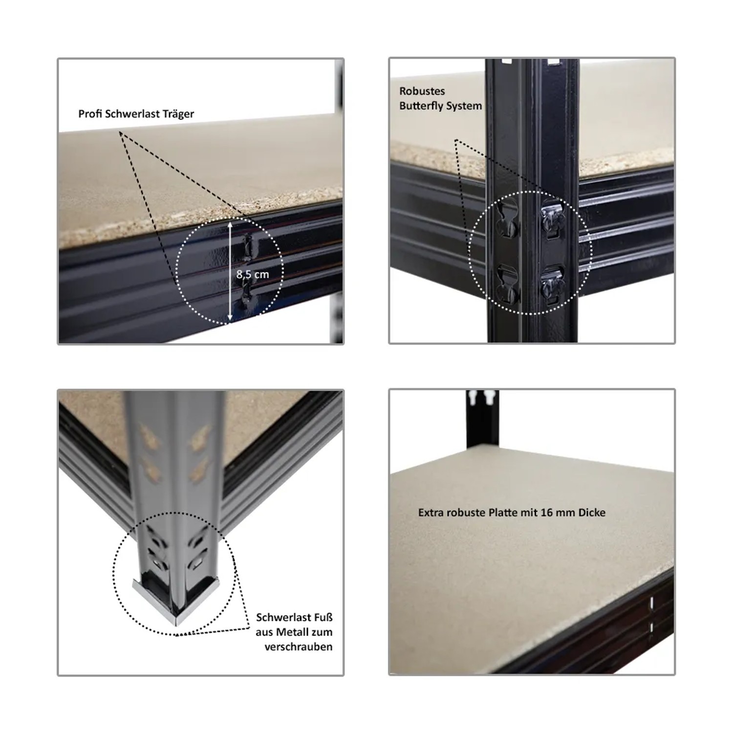 Detailansichten des schwarzen PROREGAL Profi Schwerlastregals mit Spanplatten-Ebenen und Metallfüßen.