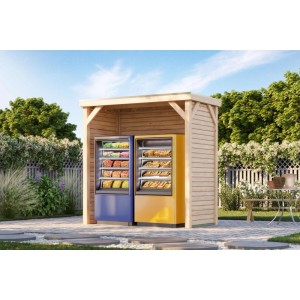 Karibu Grillpavillon/Snackautomaten-Unterstand mit zwei Automaten im Garten.