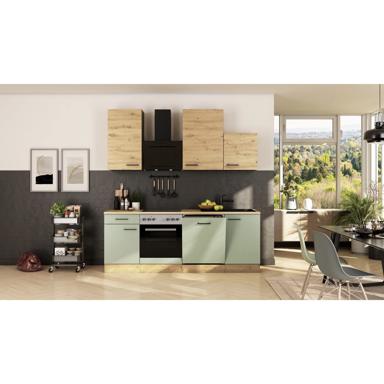 Flex-Well Exclusiv Küche 1701-017sWS Cara 220 cm Schilfgrün matt - Artisan Eiche_5