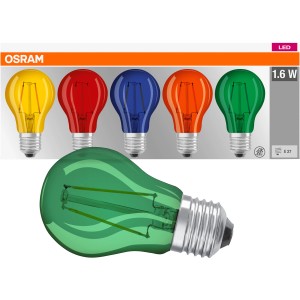 Osram LED-Leuchtmittel E27 Colorbox, 5er-Pack mit farbigen Lampen (Rot, Gelb, Blau, Orange, Grün).