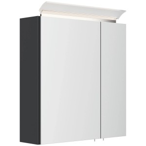 Posseik Spiegelschrank 60 cm in Grafit mit 2 Spiegeltüren, aufgesetzter LED-Lampe und Glasböden.
