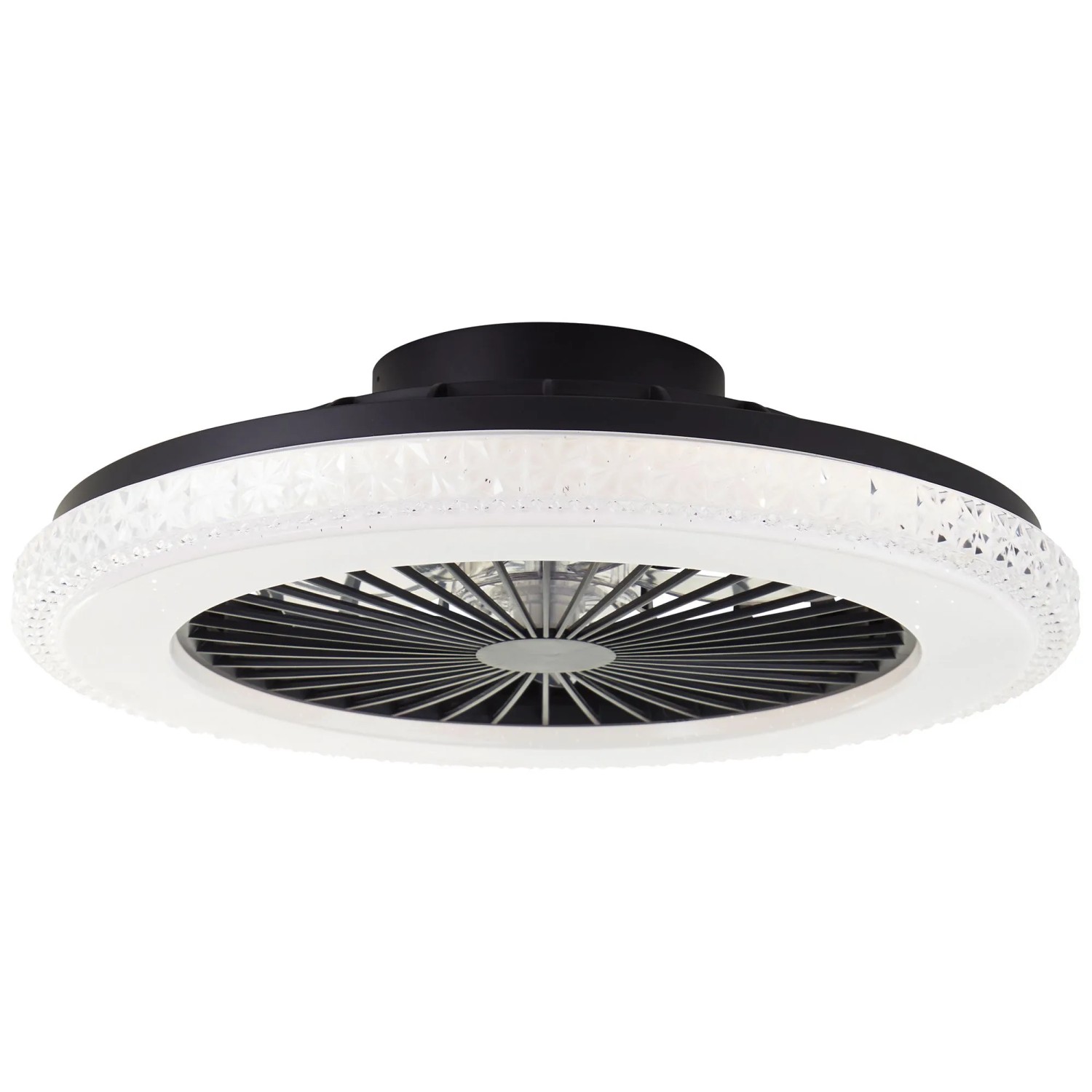 Schwarze LED-Deckenleuchte Badria mit Ventilator, Ø 49cm, Kristalloptik.