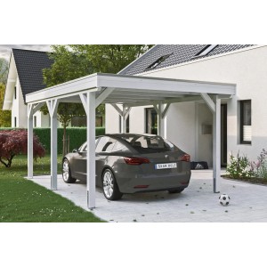 Weißes Skan Holz Carport Grunewald mit Aluminiumdach und Auto.