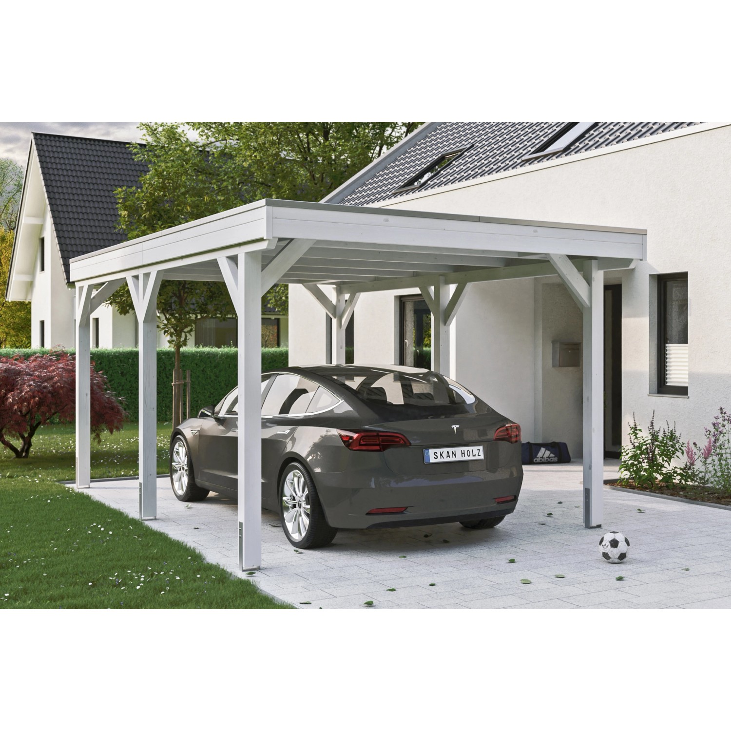 Skan Holz Carport Grunewald 321 cm x 554 cm mit Aluminiumdach Weiß