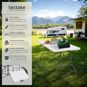 Weißer, klappbarer Tectake Campingtisch aus Kunststoff, 183x76x74 cm, mit Stahlgestell und Zubehör auf Rasen.