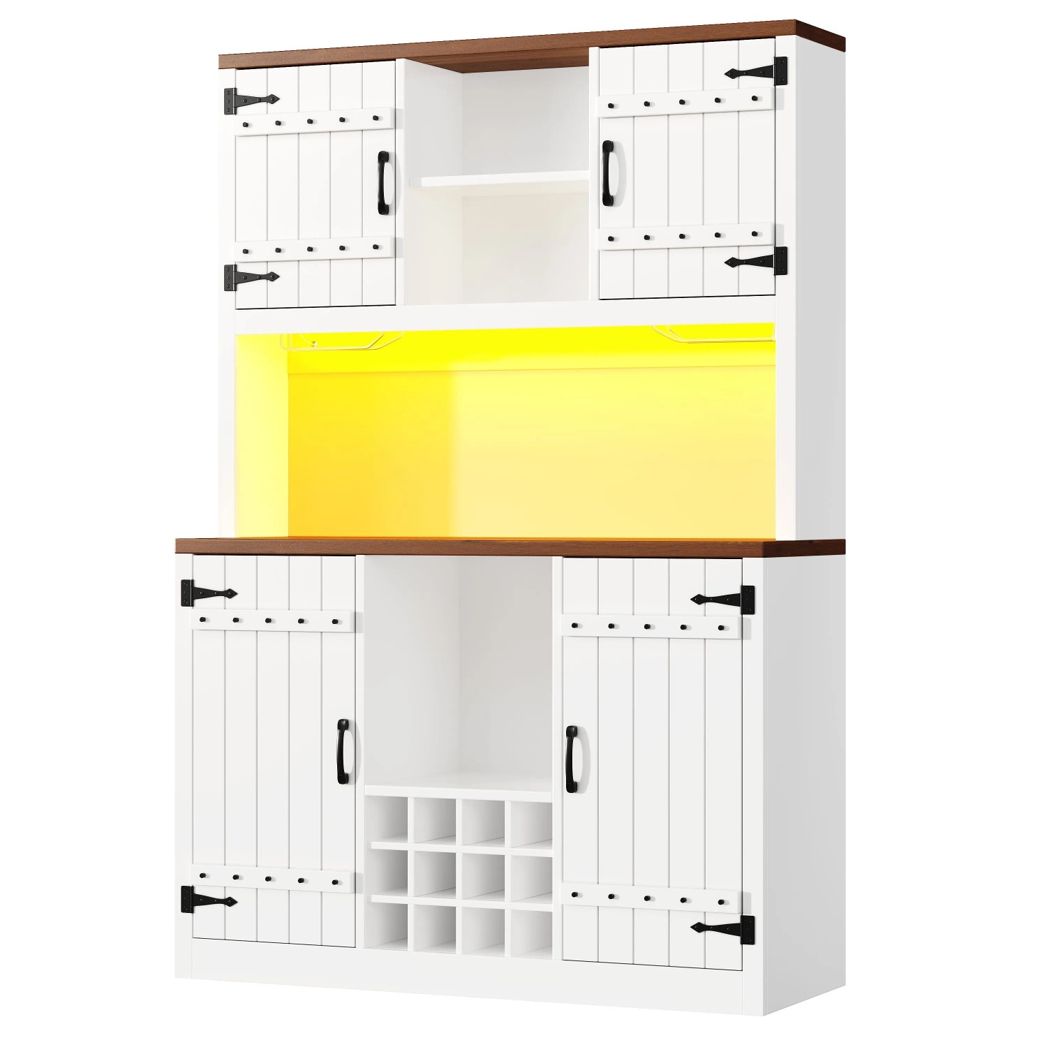 Merax Hochschrank im Scheunentor-Stil  RGB-LED  Weinregal  Offene Fächer  Weiß