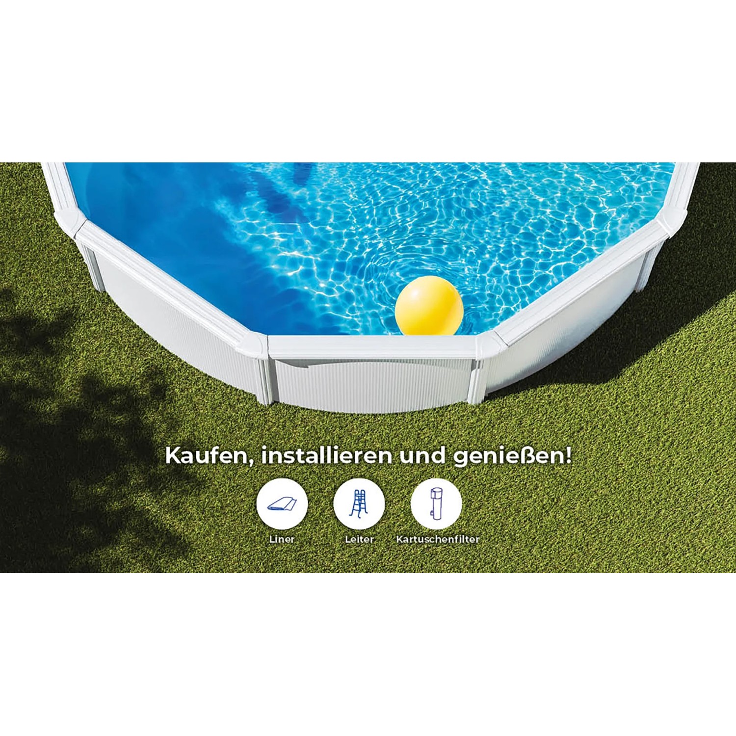 Gre Pool Bora Bora Oval, Ø 300 cm, weiß. Stahlwandpool mit gelbem Ball auf Rasen.