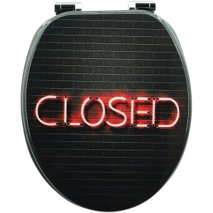 Sanfino WC-Sitz Open-Closed mit Absenkautomatik, Holz, schwarze Backsteinoptik mit Neon "CLOSED" Schriftzug.