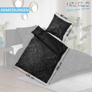 SANILO Bettwäsche 2-teilig Floral, schwarze Baumwoll-Bettwäsche mit floralem Muster und Maßangaben.