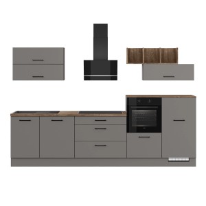 Moderne Küchenzeile IKZ1320LF in Grafit mit E-Geräten und Oregon Eiche Arbeitsplatte, 320 cm breit.