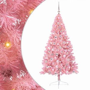 Rosa, künstlicher Weihnachtsbaum (180 cm) mit LED-Lichtern und Kugeln für festliche Stimmung.