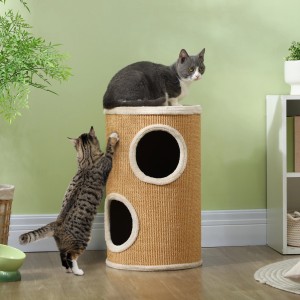 Braune PawHut Kratztonne mit zwei Katzen, eine kratzt, die andere sitzt oben. Kratzbaum aus Sisal und Plüsch.
