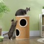 Braune PawHut Kratztonne mit zwei Katzen, eine kratzt, die andere sitzt oben. Kratzbaum aus Sisal und Plüsch.