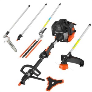 FUXTEC 5in1 Benzin Multitool Set: Motorsense, Hochentaster, Heckenschere und Zubehör. Schwarz-orange Gartengerät.