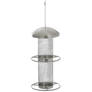 Fidelio Futtersäule aus Edelstahl mit zwei Sitzringen für Vögel.