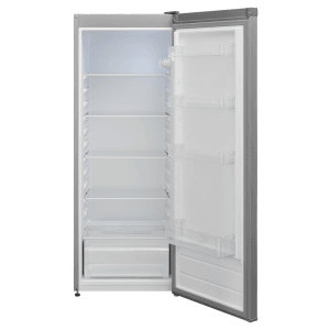 Offener, silberner Telefunken Kühlschrank (255 Liter) mit Gemüsefach und LED-Beleuchtung.