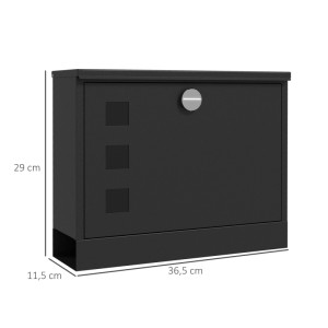 Schwarzer HOMCOM Metall-Briefkasten, abschließbar, mit silbernem Schloss und drei quadratischen Designelementen.