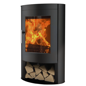 Schwarzer Panadero Oviedo Kaminofen aus Stahl mit Holzscheiten und brennendem Feuer.