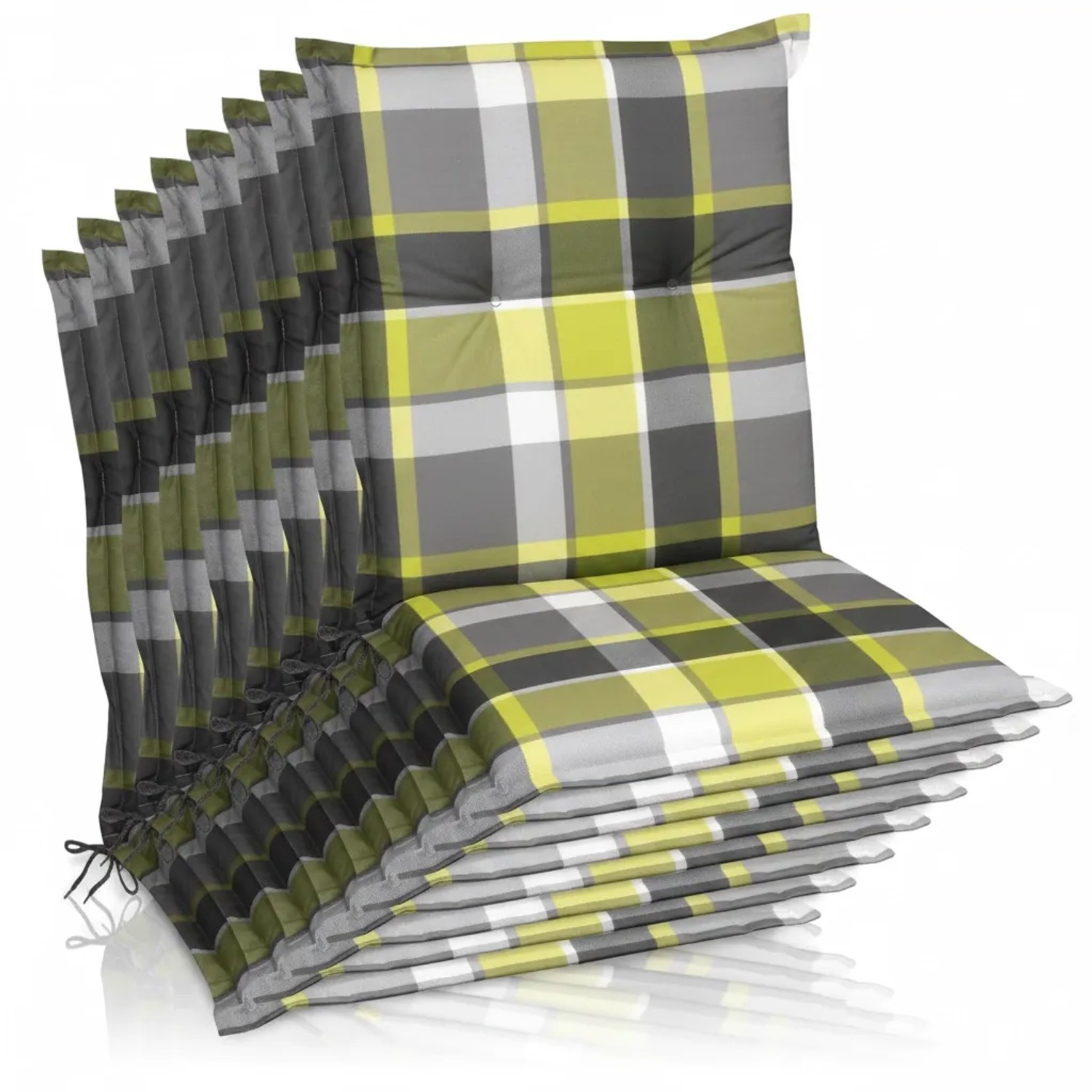 Beautissu 8er Set Sunny GR Niedriglehner Auflagen 100x50 cm in Grün Kariert