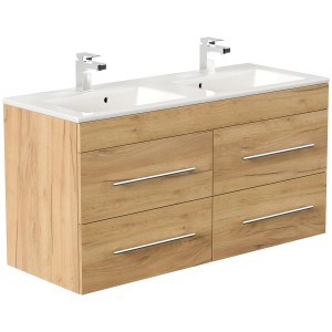 Posseik Badmöbel Homeline 120 Eiche Gold mit Waschbecken und vier Schubladen.