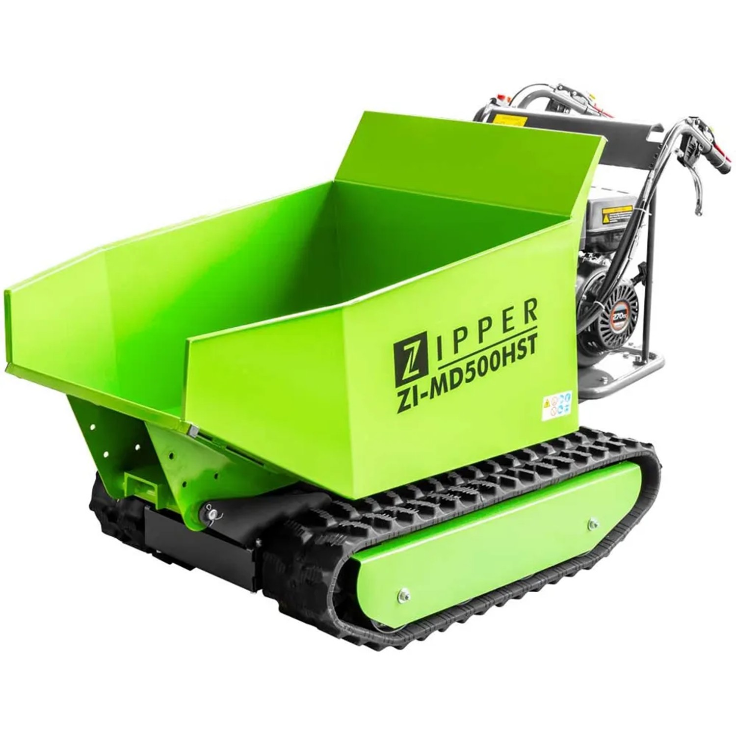 Zipper Miniraupendumper ZI-MD500HST: Grüne Baumaschine mit Raupenantrieb und Kippmulde.