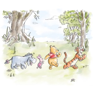 Bunte Winnie the Pooh Fototapete: I-Aah, Ferkel, Winnie und Tigger wandern durch den Wald.