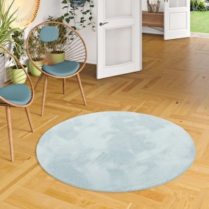 Runder, hellblauer Fellteppich (120x120cm) der Marke Pergamon, Modell Luxus Super Soft.