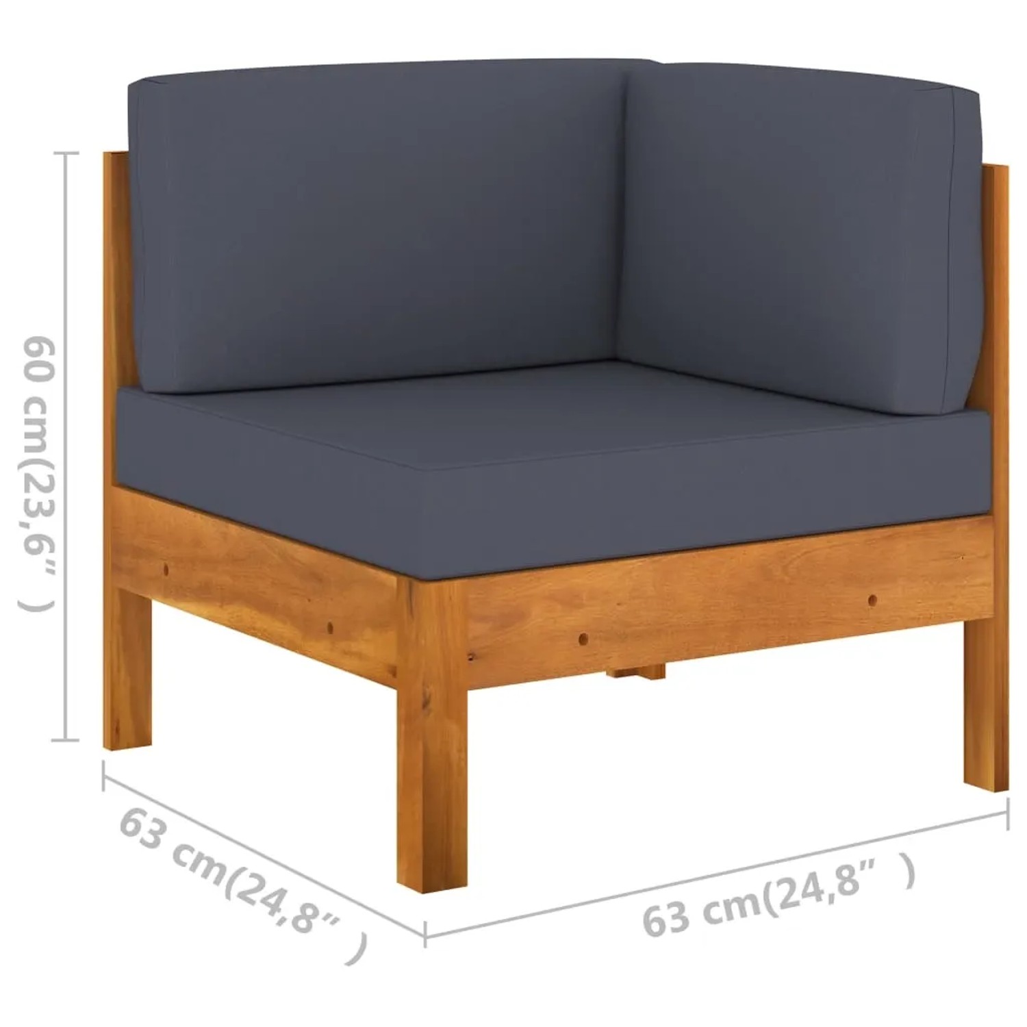 Eckteil des vidaXL Garten-Lounge-Sets aus Akazienholz mit dunkelgrauen Auflagen.