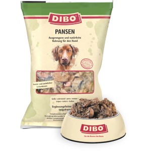 Dibo Hunde-Barf Pansen 2kg: Packung und Schale mit rohem Frostfutter für Hunde.