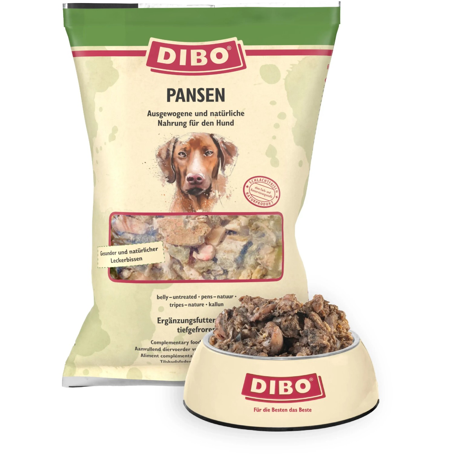 Dibo Hunde-Barf Pansen 2kg: Packung und Schale mit rohem Frostfutter für Hunde.