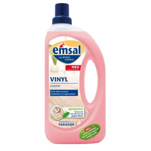 Emsal Boden Pflege Vinyl, pinke Flasche mit blauem Deckel. Für Vinyl & Linoleum, Anti-Statik & Nässeschutz.