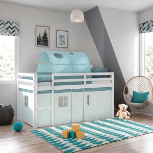 Homestyle4u Kinder Hochbett 90x200 weiß mit mintgrünem Tunnel, Vorhang und Leiter. Sicheres Spielbett.