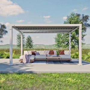 Beige Sojag Pergola Hana 1013 mit Lamellendach und Sitzgruppe im Garten.