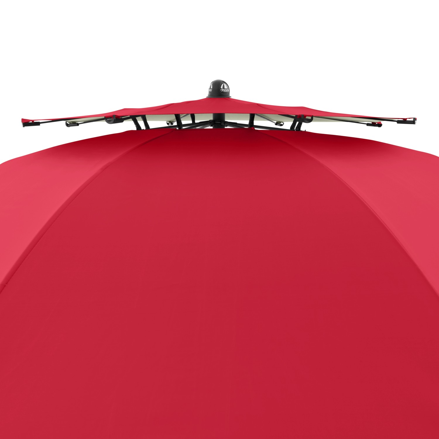 Detailaufnahme: Roter Doppler Strandschirm Windprofi Neo 200 mit Windventil.