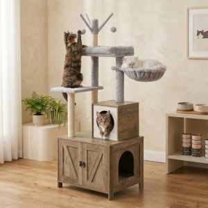 Relaxdays Kratzbaum MDF Weiß mit Katzenklo-Schrank 150 cm x 60 cm x 49 cm 17,1 kg