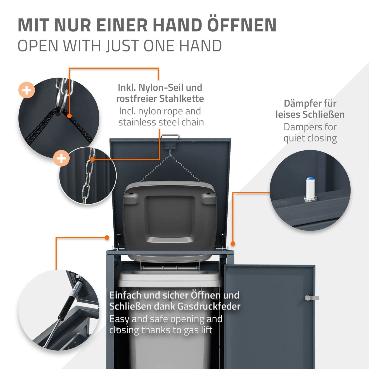 ML-Design Mülltonnenbox Anthrazit-Lärchenoptik mit Details zu Öffnung und Schließmechanismen.