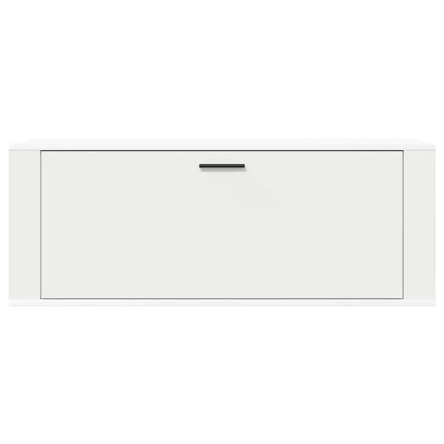Weißer Wand-Schuhschrank aus Holzwerkstoff mit moderner Klapptür und schwarzem Griff. Kompakte Schuhkommode für Stauraum.