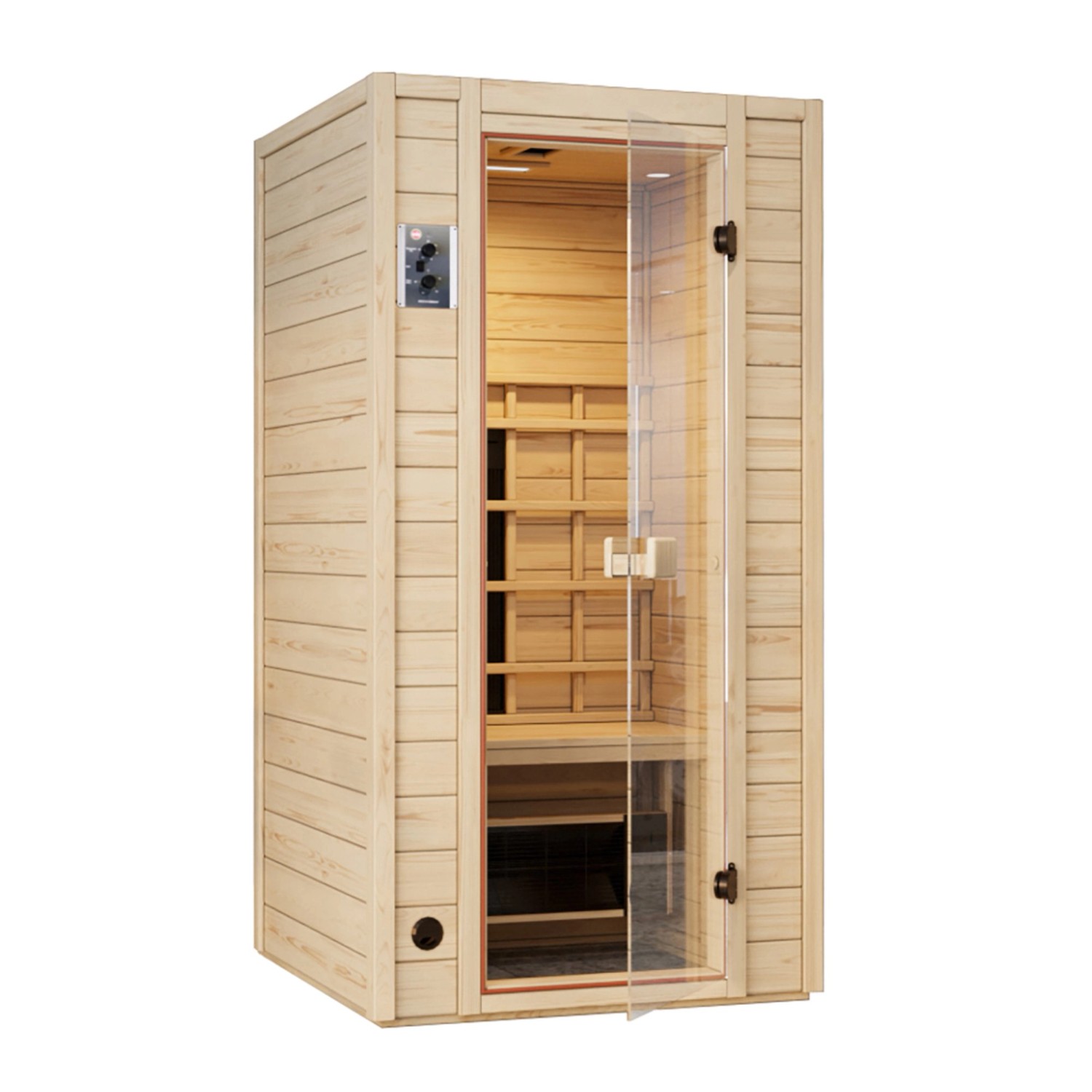 Weka Infrarotkabine Vaala 1 mit Linienstrahler, aus Fichtenholz mit Glastür.