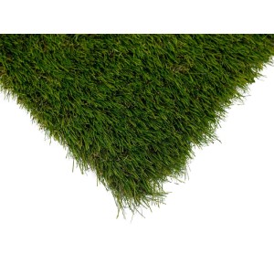 Grüner Kunstrasen Andoni, Nahaufnahme der dichten, weichen Halme. Ideal für Garten und Balkon.